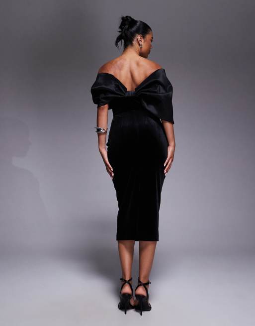 Jarlo draped bardot sleeve midi dress in black, 2 of 4