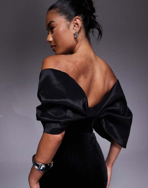 Jarlo draped bardot sleeve midi dress in black, 3 of 4