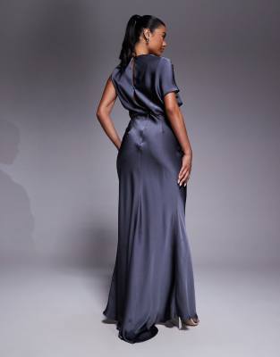 Jarlo Draped Shoulder Detail Satin Maxi Dress In Gray