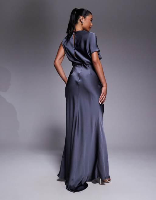 Jarlo Draped Shoulder Detail Satin Maxi Dress in Gray