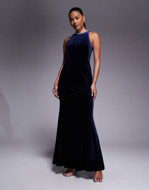Jarlo embellished high neck velvet maxi dress in navy - view 1