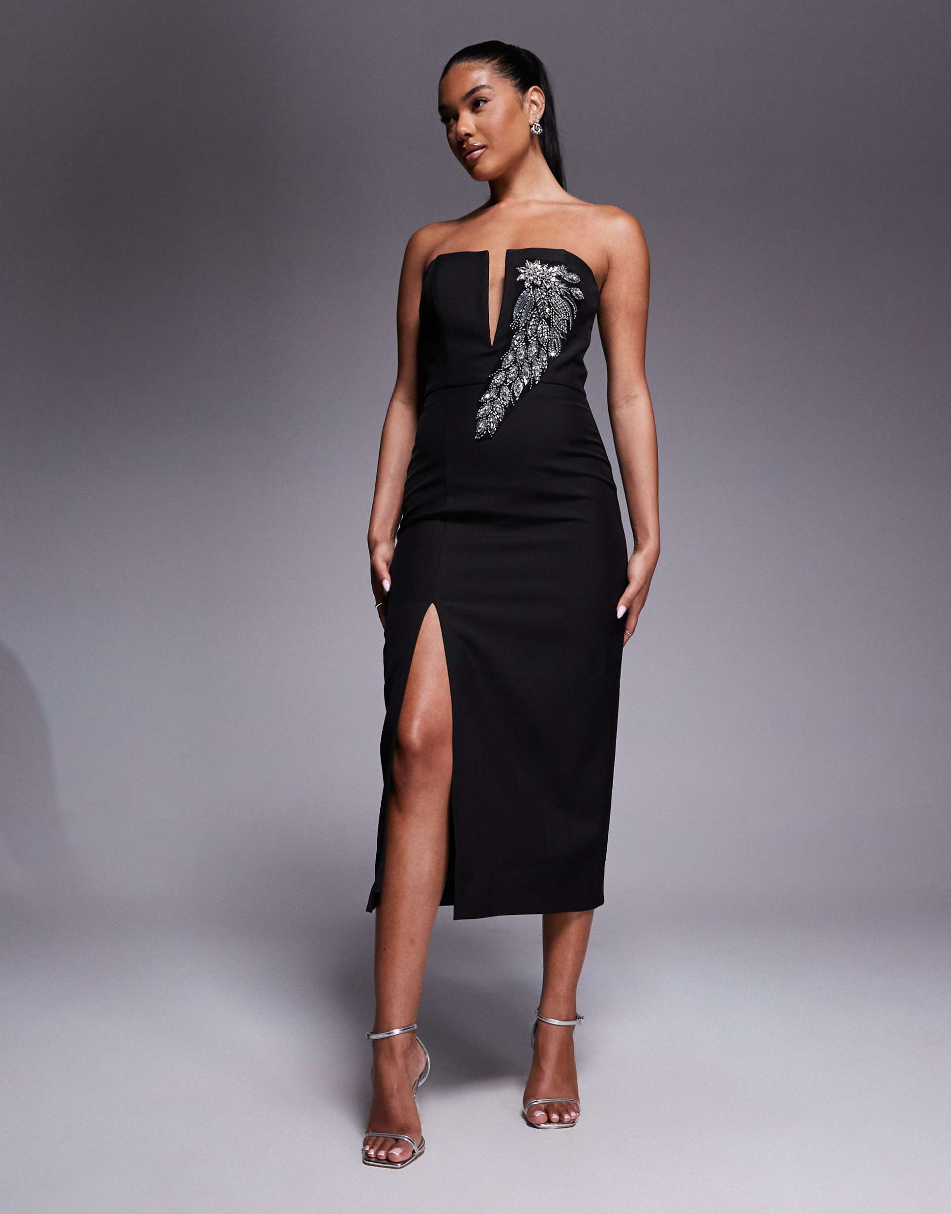 jarlo embellished plunge bandeau midi dress in black
