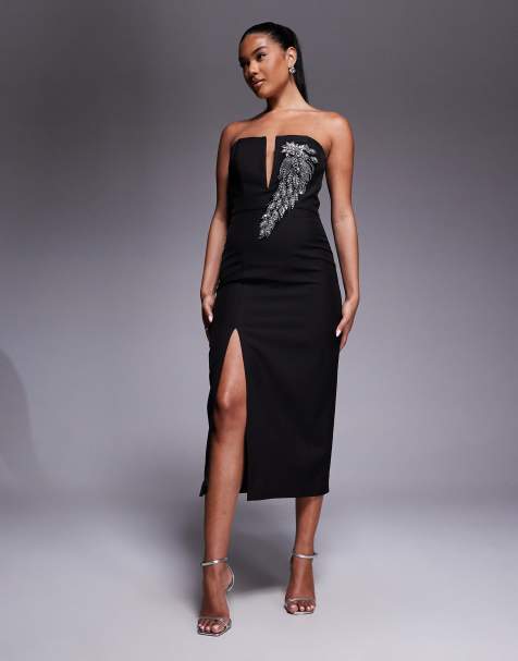 Jarlo embellished plunge bandeau midi dress in black