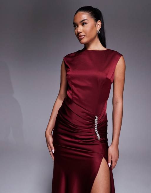 Jarlo embellished satin midaxi dress with thigh slit in burgundy, 3 of 4