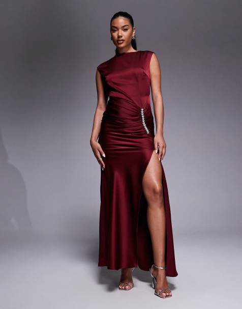 Jarlo embellished satin midaxi dress with thigh split in burgundy - view 1