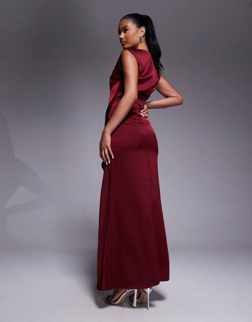 Jarlo embellished satin midaxi dress with thigh split in burgundy, 2 of 4