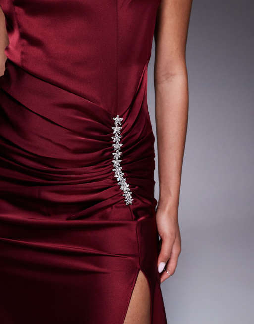 Jarlo embellished satin midaxi dress with thigh split in burgundy, 4 of 4