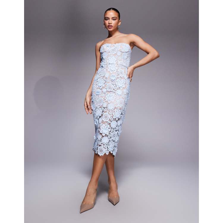 Jarlo floral crochet lace bandeau midi dress in blue | ASOS