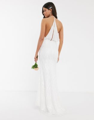 Jarlo Bridal Fringe Sequin Maxi Dress In Ivory-white