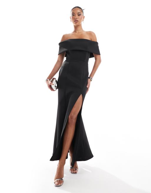 Jarlo – Gerade geschnittenes Kleid in Schwarz mit Schwalbenschwanz-Rock und Carmenausschnitt