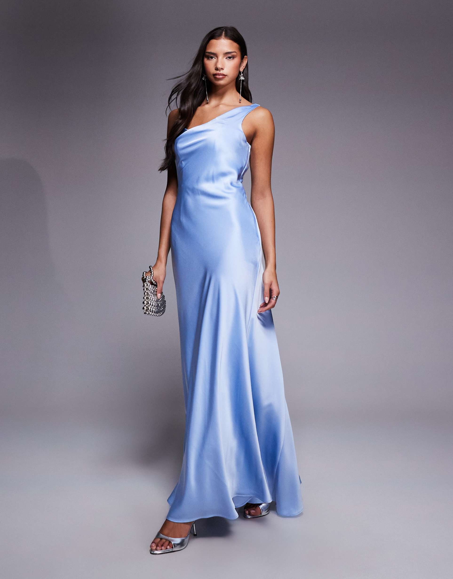 jarlo gwen satin one shoulder full skirt maxi dress in blue