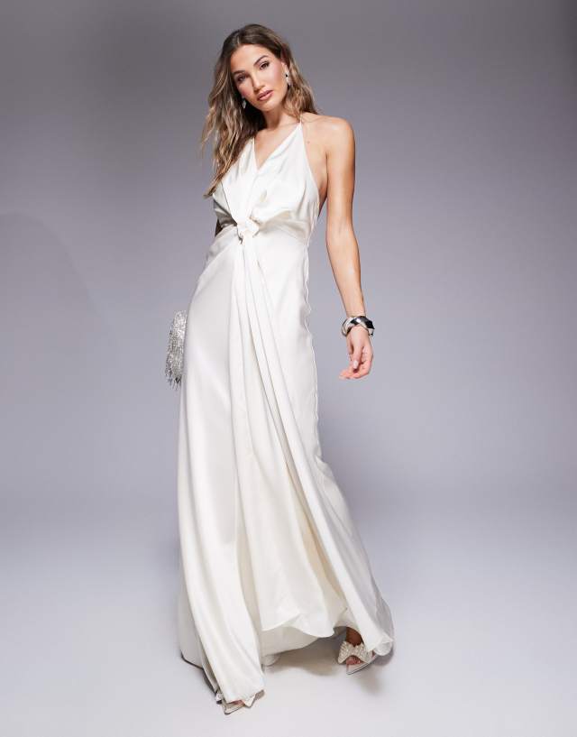 halter neck ivory dress Jarlo drape satin maxi gown in AW-DR-10723