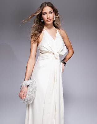 Shop Jarlo Halter Neck Drape Satin Maxi Gown In White