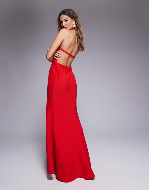 Jarlo halter neck fishtail maxi dress in red