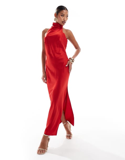 Jarlo halter neck satin midi dress in red - view 1