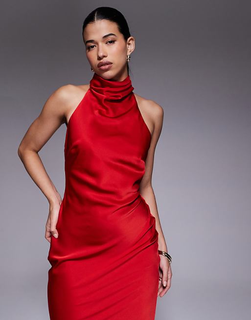 knee length dresses for ladies Lucinda Halter Satin Midi Dress Shop American Threads Boutique