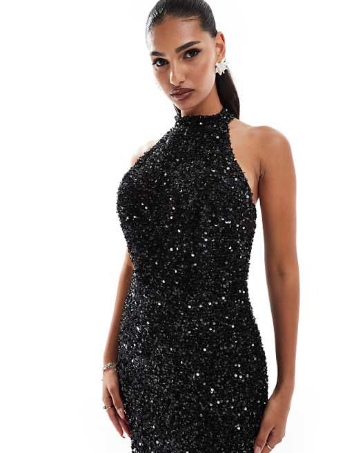 halter neck sequin dress Gertrud Maxi / Lemon | MESHKI over sequin embellishment for radiant sparkle Halter neckline with floral accent for dramatic elegance Maxi Stand Collar Halter Sequin Trumpet