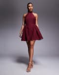 [Jarlo] Jarlo high neck drop waist mini dress in burgundy-Red 14 BURGUNDY
