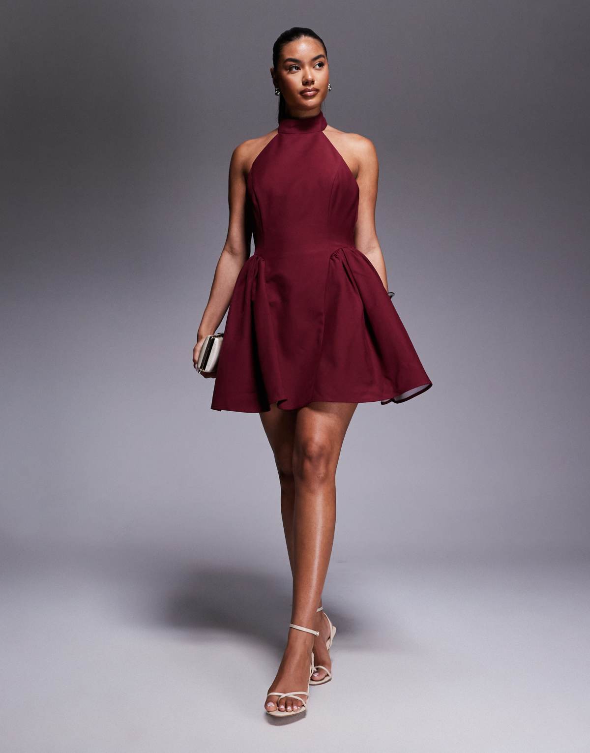 Jarlo high neck drop waist mini dress in burgundy
