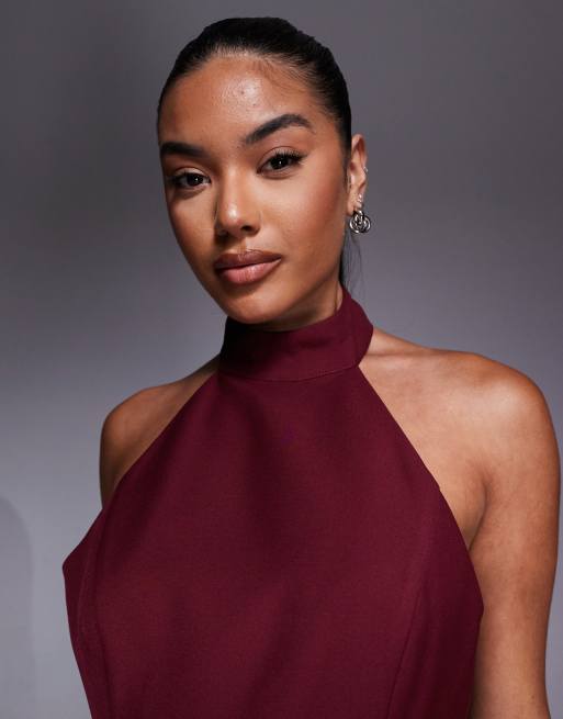 Jarlo high neck drop waist mini dress in burgundy, 3 of 4