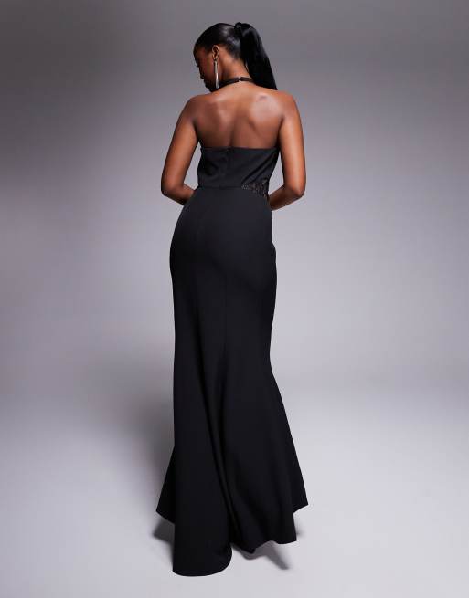 Jarlo high neck fishtail maxi dress with lace panels in black