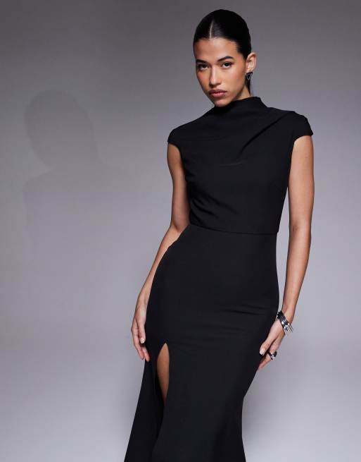 Jarlo high neck maxi dress with thigh slit in black, 4 of 4