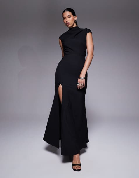 Jarlo high neck maxi dress with thigh split in black - view 1