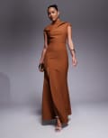 [Jarlo] Jarlo high neck maxi dress with thigh split in chocolate-Brown 12 Chocolate