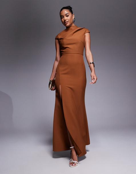 Jarlo high neck maxi dress with thigh split in chocolate