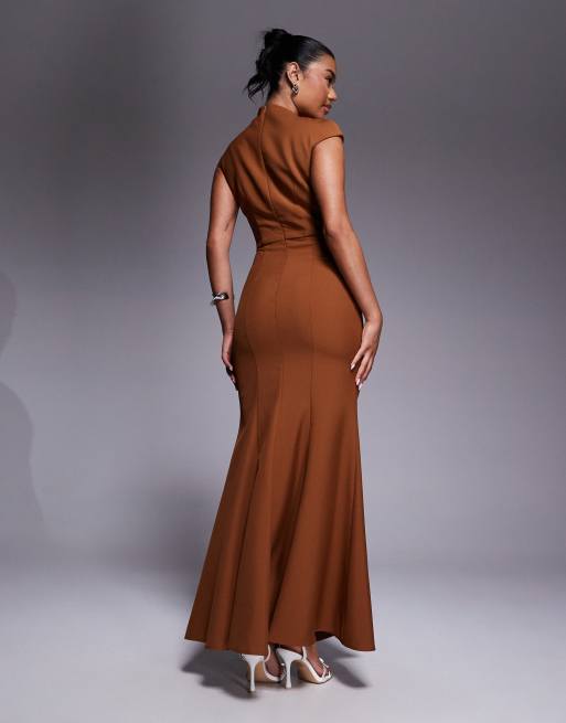Jarlo high neck maxi dress with thigh split in chocolate, 2 of 4