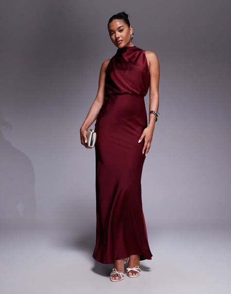 Jarlo high neck satin maxi dress in burgundy