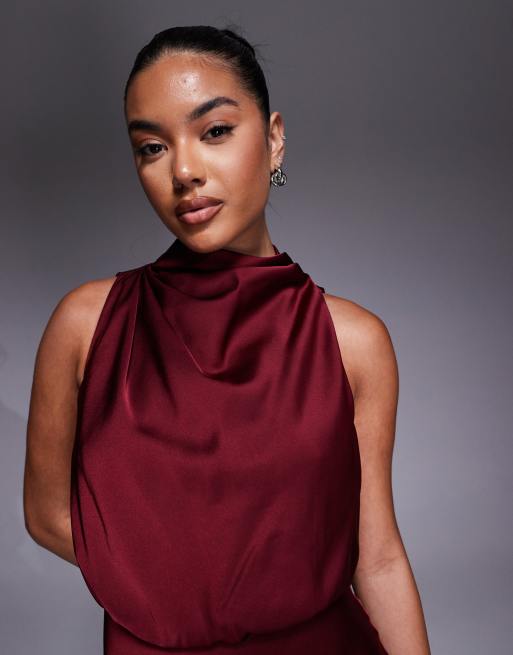 Jarlo high neck satin maxi dress in burgundy, 3 of 4