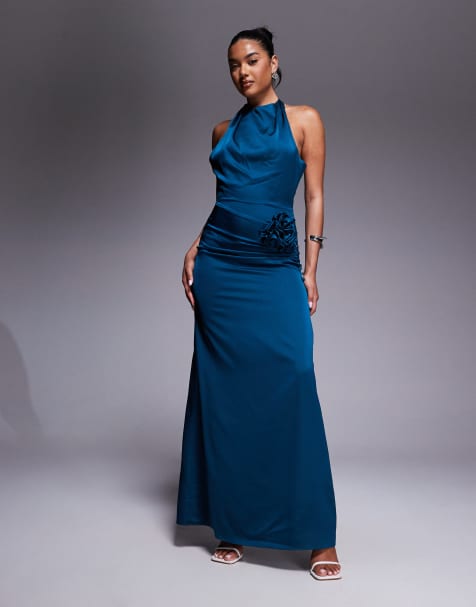 Jarlo high neck satin maxi dress with corsage detail in teal - view 1