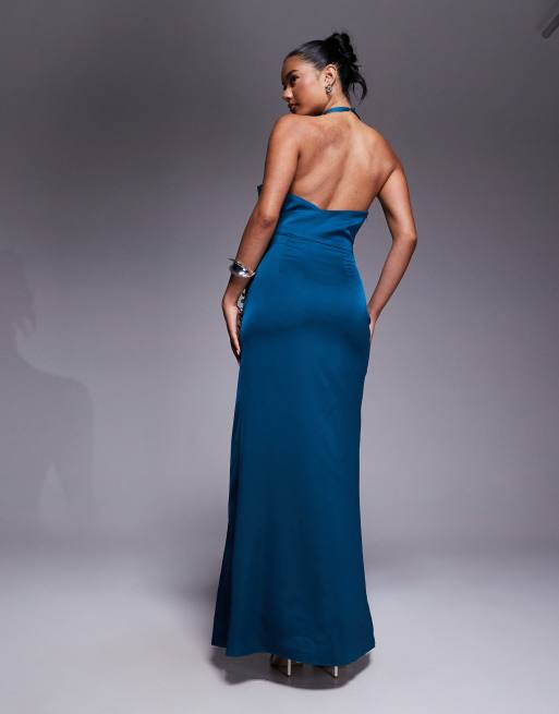 Jarlo high neck satin maxi dress with corsage detail in teal, 2 of 4