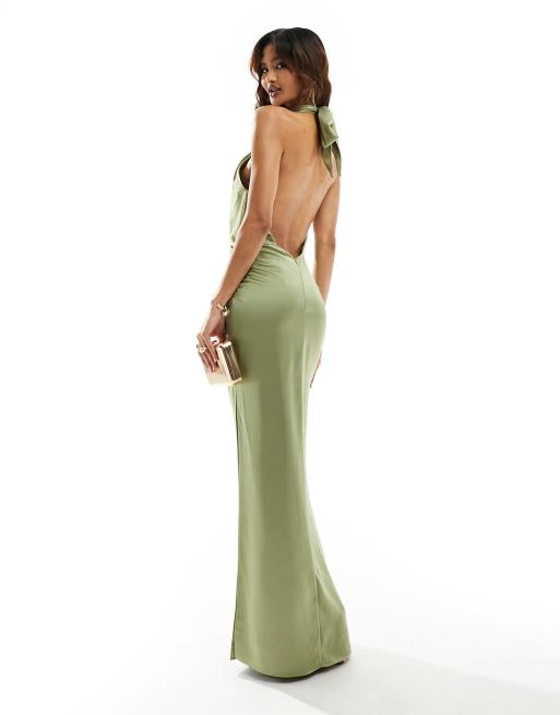 Jarlo high neck satin maxi dress with open back in olive ASOS