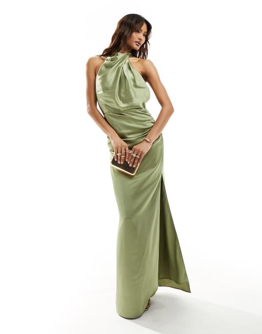 Jarlo High Neck Satin Maxi Dress with Open Back in olive Green