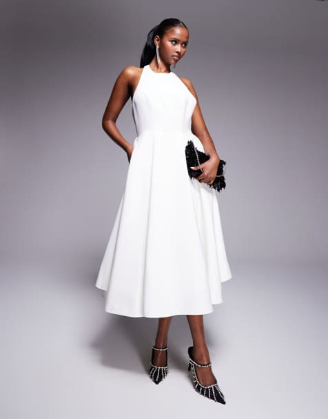 Jarlo high neck structured a-line midi dress in ivory - view 1