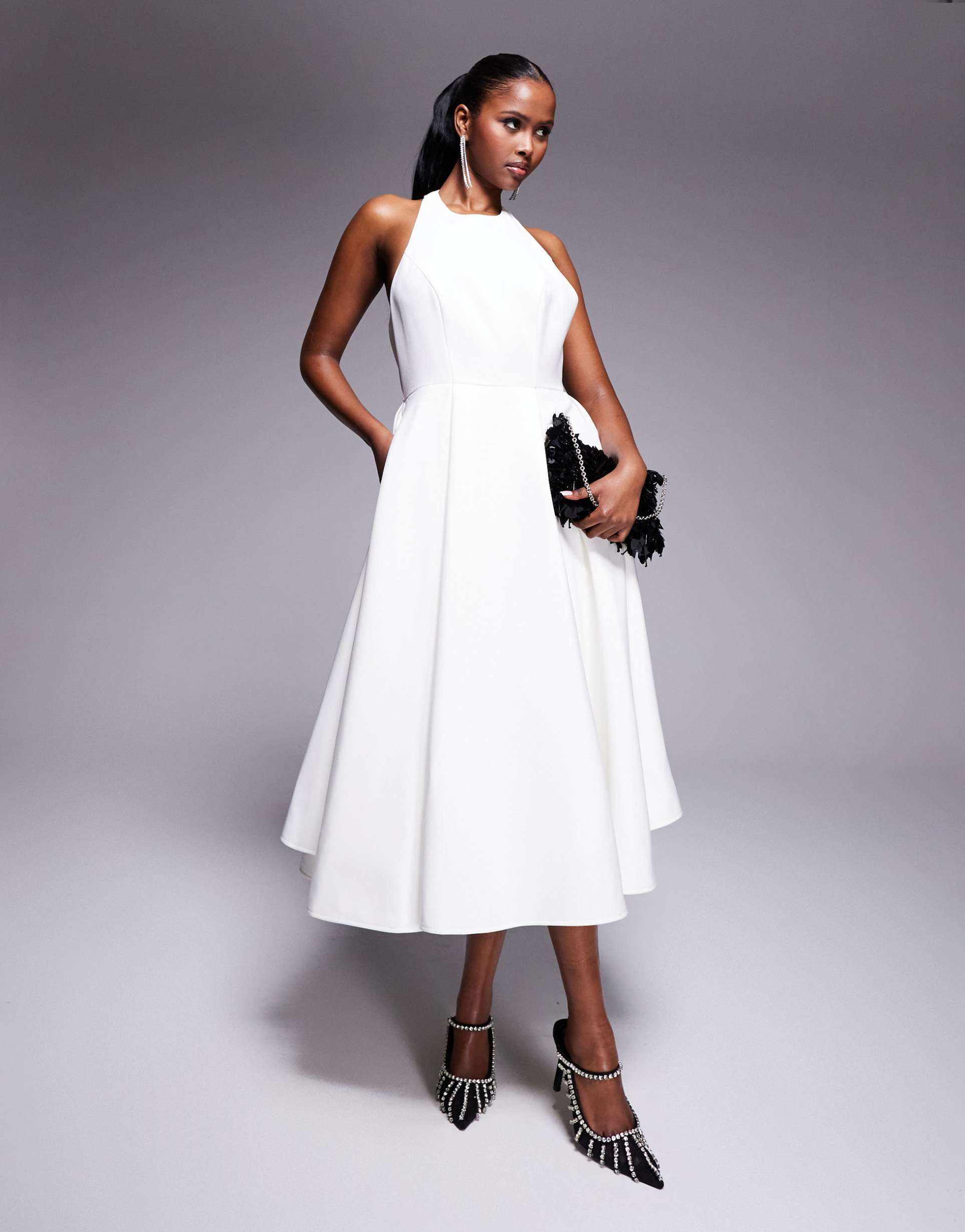 jarlo high neck structured a-line midi dress in ivory