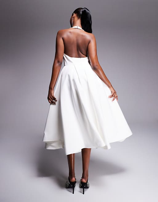 a line midi dress white MillyBridal Backless line skirt create a balanced silhouette that flatters while remaining comfortable Bow Detail Button A Line