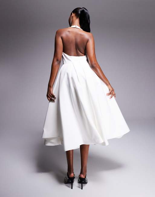 Jarlo high neck structured A-line midi dress in ivory