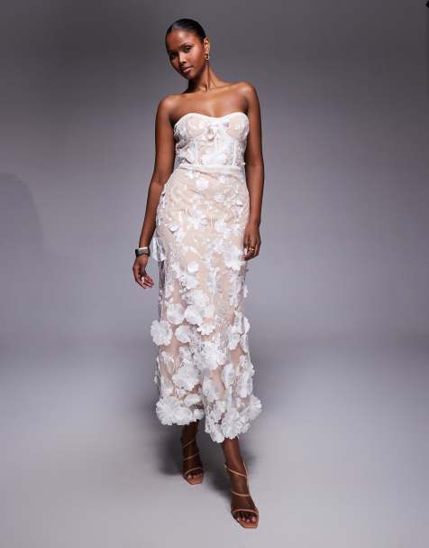 Jarlo - Jolene - Robe corset longueur mollet en dentelle 3D avec encolure bandeau - Ivoire - view 1