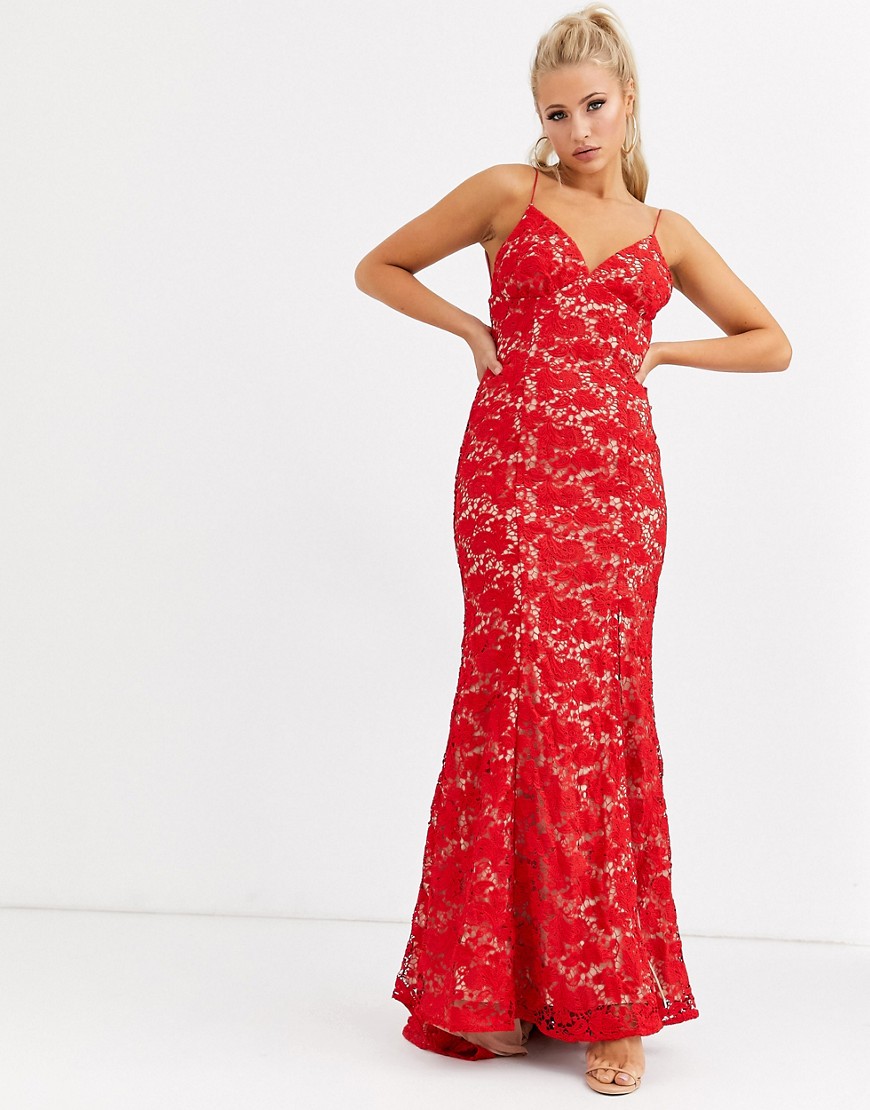 Jarlo - Kanten jurk met camibandjes en lage rug in rood