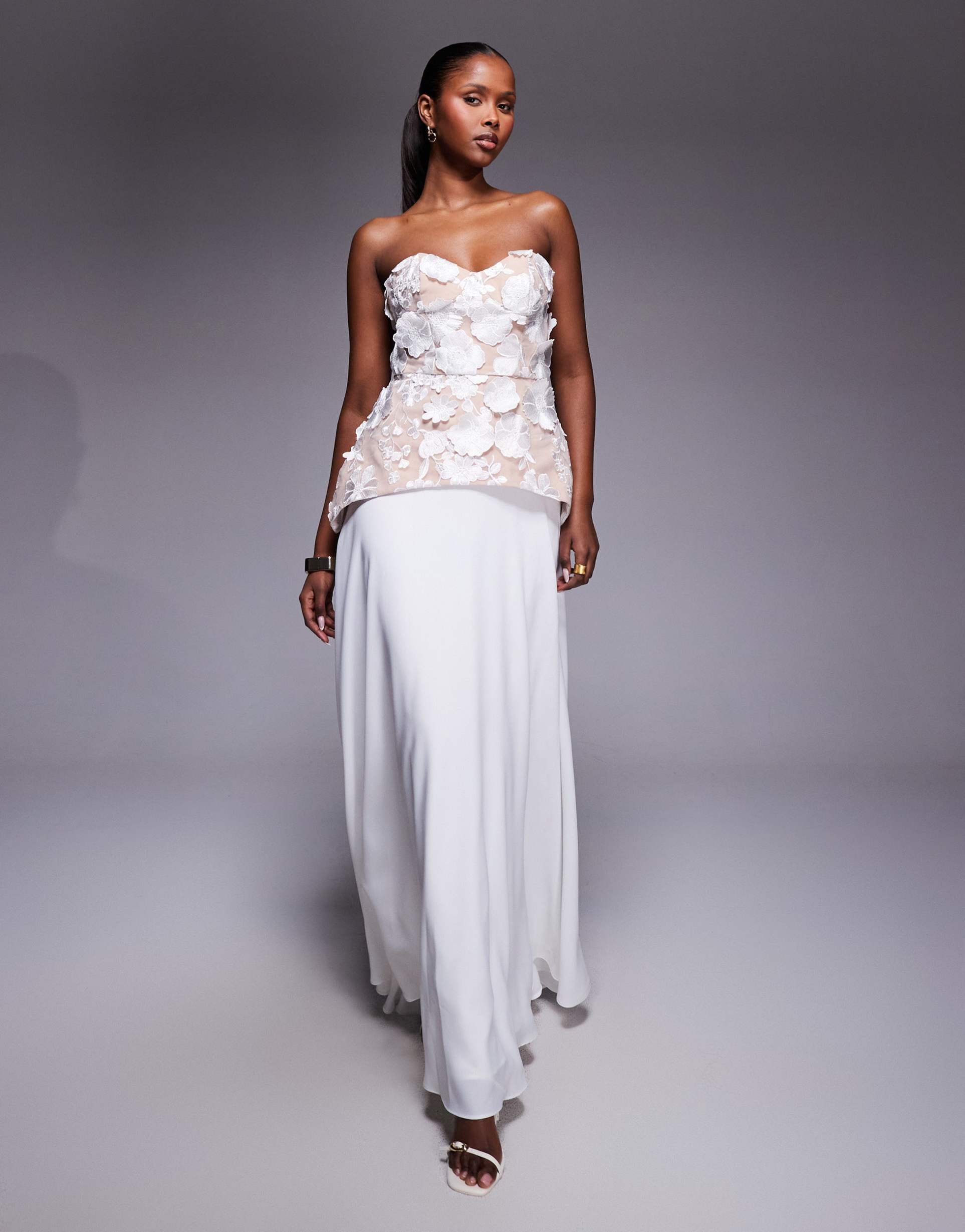 jarlo kay floral lace bustier maxi dress in ivory