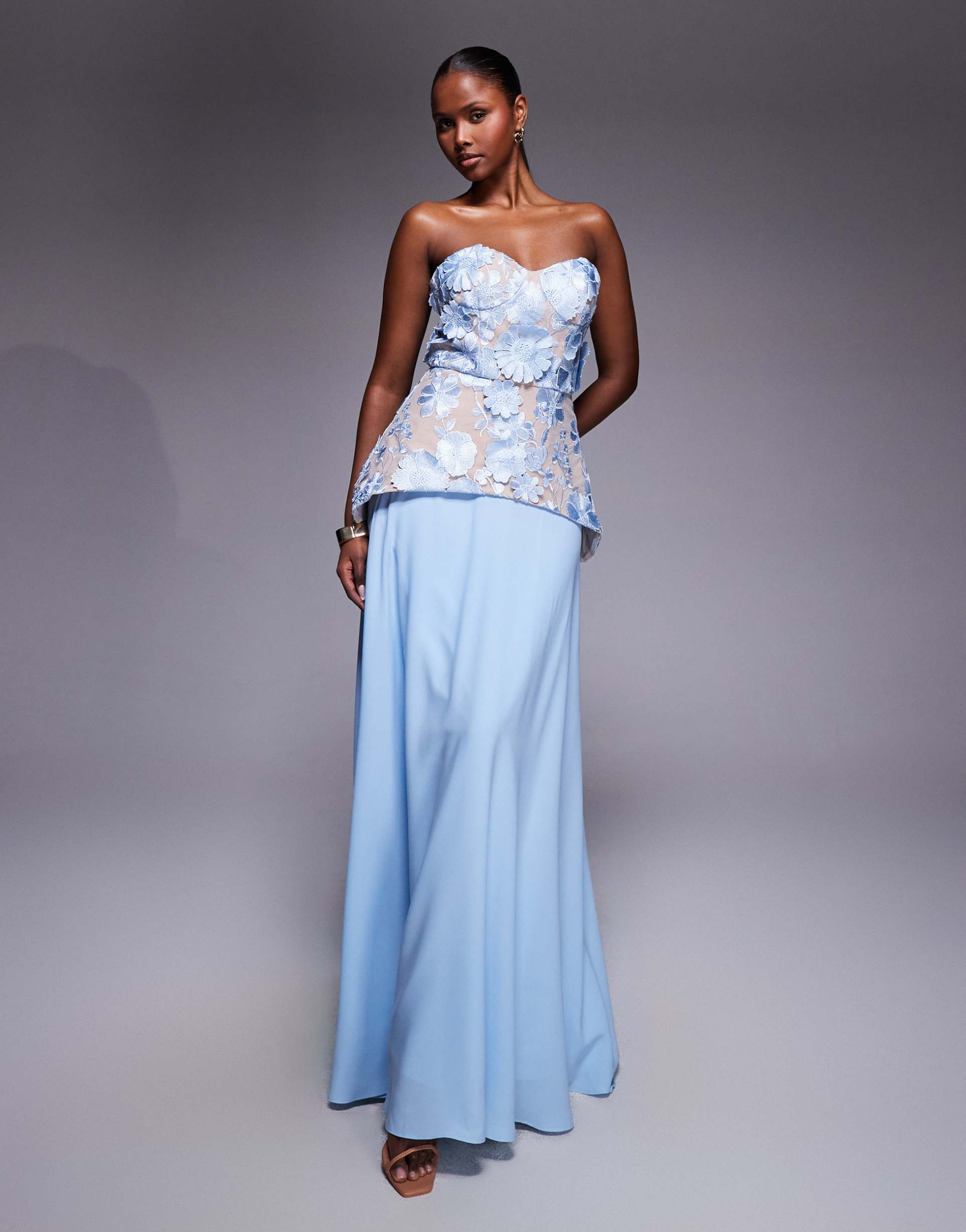 jarlo kay floral lace bustier maxi dress in pale blue