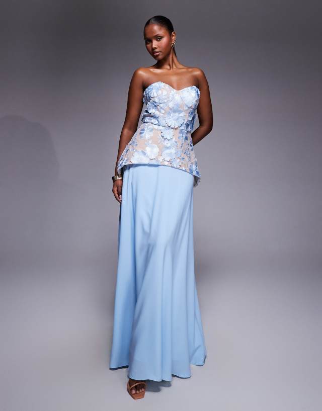 Jarlo Kay floral lace corset detail maxi dress in pale blue