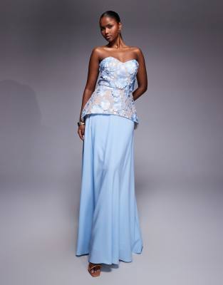 Kaylo - Maxikleid aus Blumenspitze in Blassblau mit Korsettdetail Blau 42