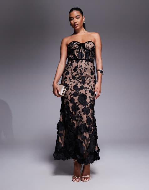 Jarlo lace corset midaxi dress in black and mocha