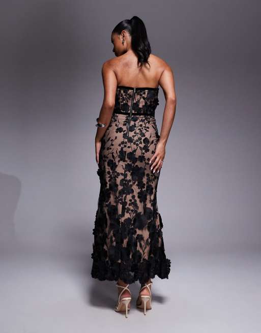 Jarlo lace corset midaxi dress in black and mocha