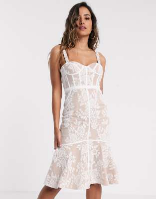 jarlo all over contrast floral lace embroidered midi dress with ruffle hem detail in multi