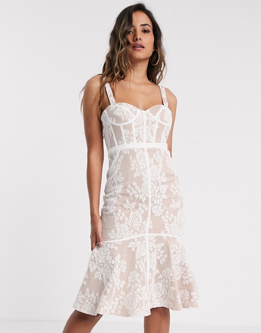 Jarlo lace midi dress with corset detail in ivory